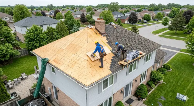 Roofers replacing shingles and decking on a residential home in Niagara Falls during storm damage repair