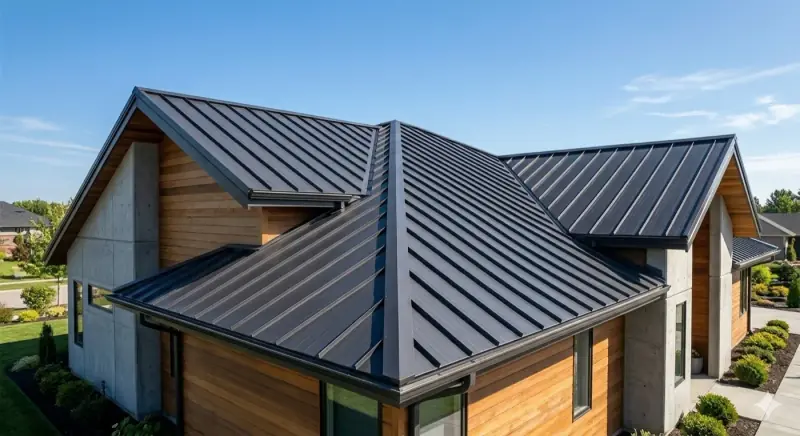 Modern residential home with dark standing seam metal roof panels